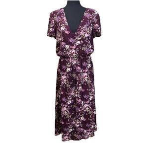 WAYF Floral Midi Dress Burgundy Red Sz Large Cottagecore Modest Mature Stretch